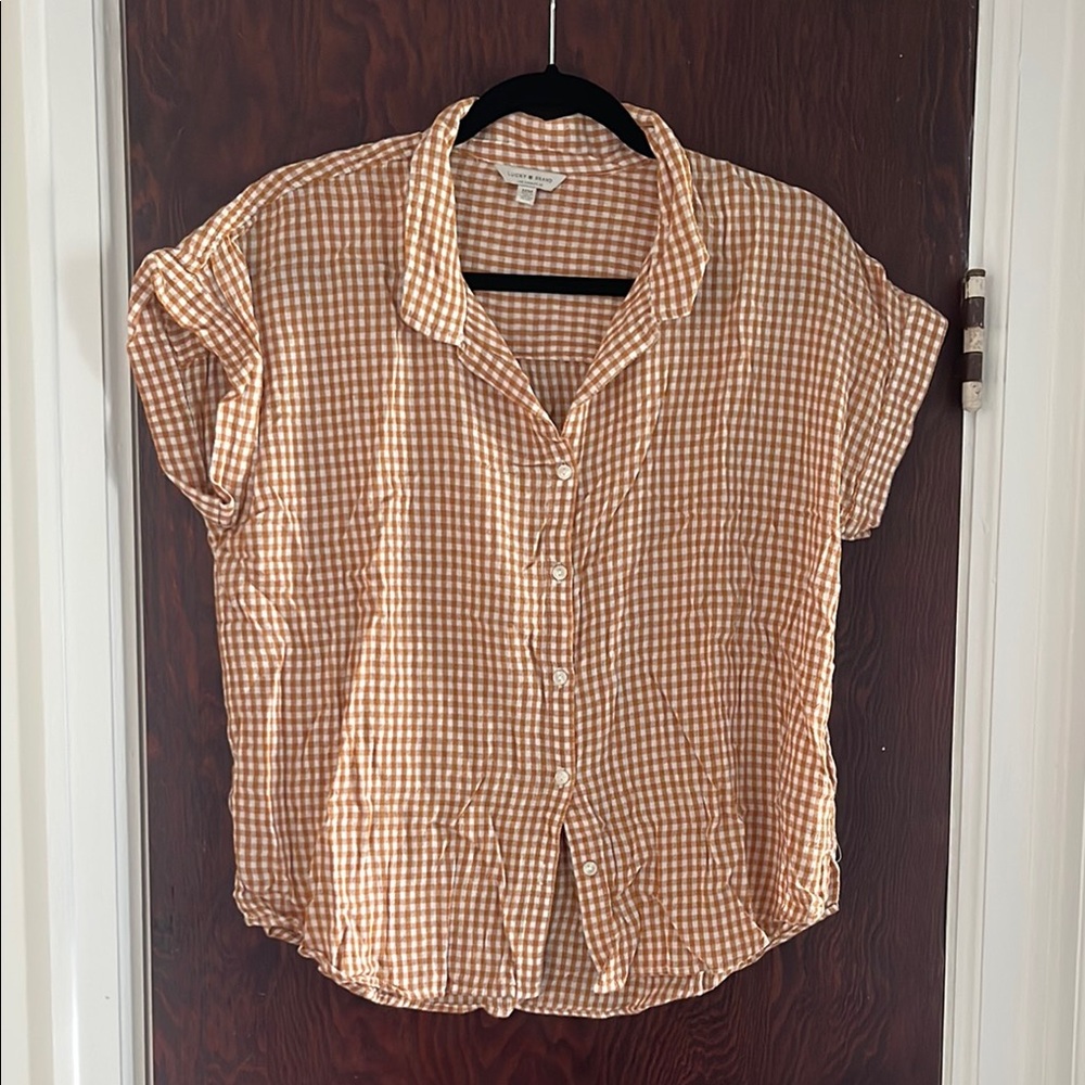 Orange Gingham Button-Up Blouse